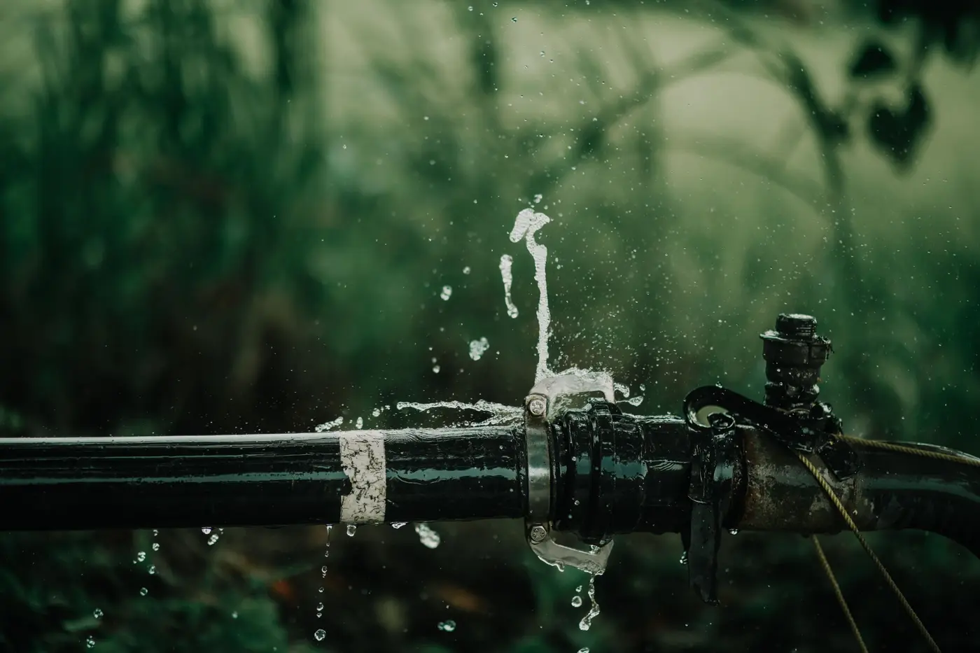 Water spraying from a burst black water pipe at a joint